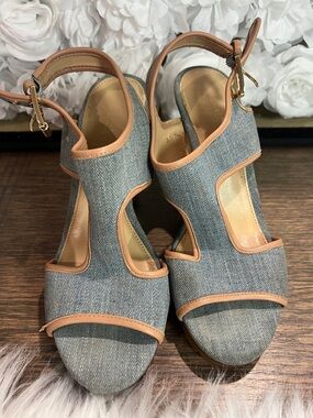 Michael kors Wedge Denim Wedge Sandals with Tan Trim - Women